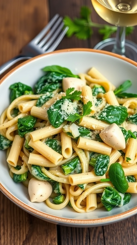 A bowl of creamy spinach artichoke pasta with spinach, artichokes, and Parmesan on a rustic table.
